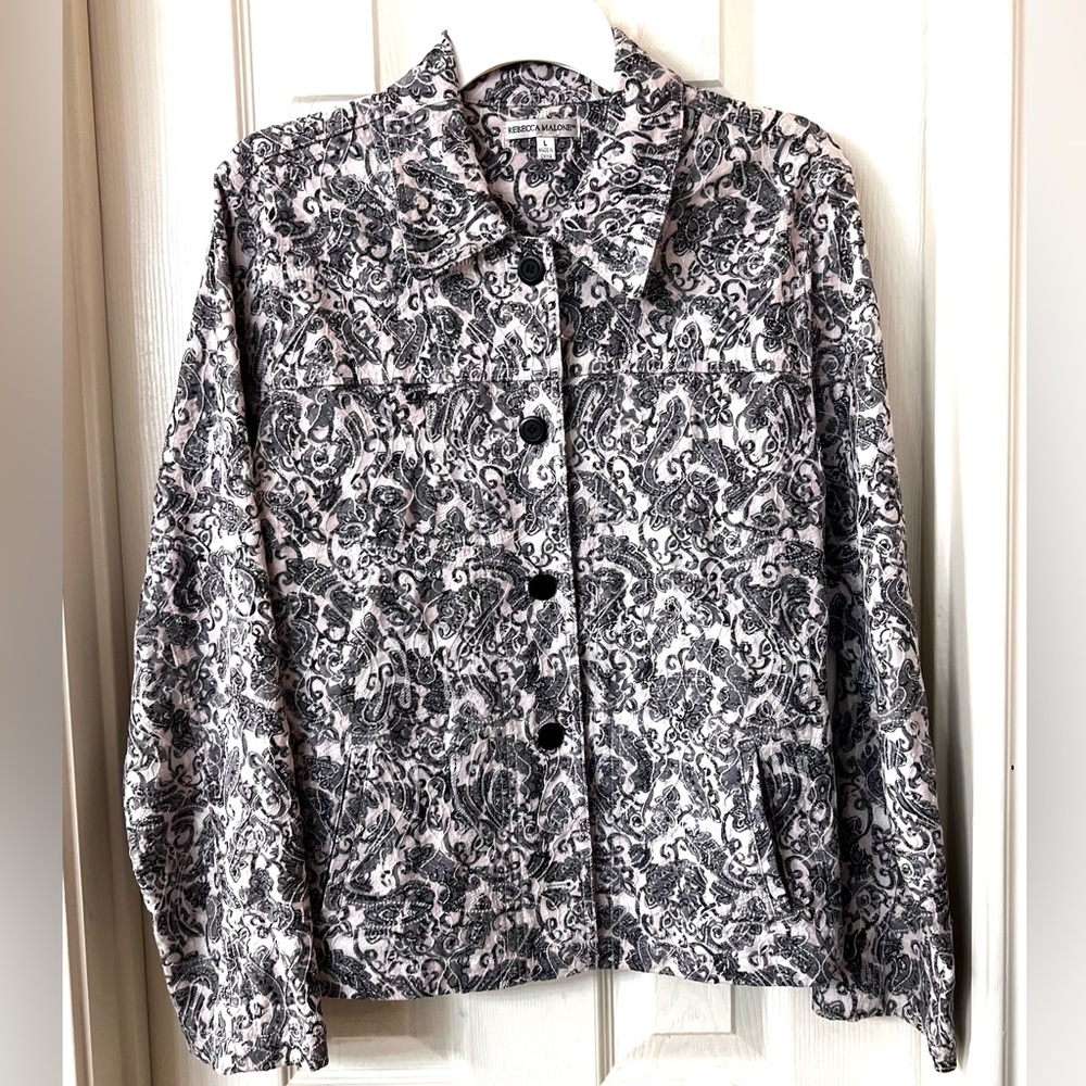 Rebecca Malone Sz L Cotton Spandex Black White Button Up Collared Shirt Jacket